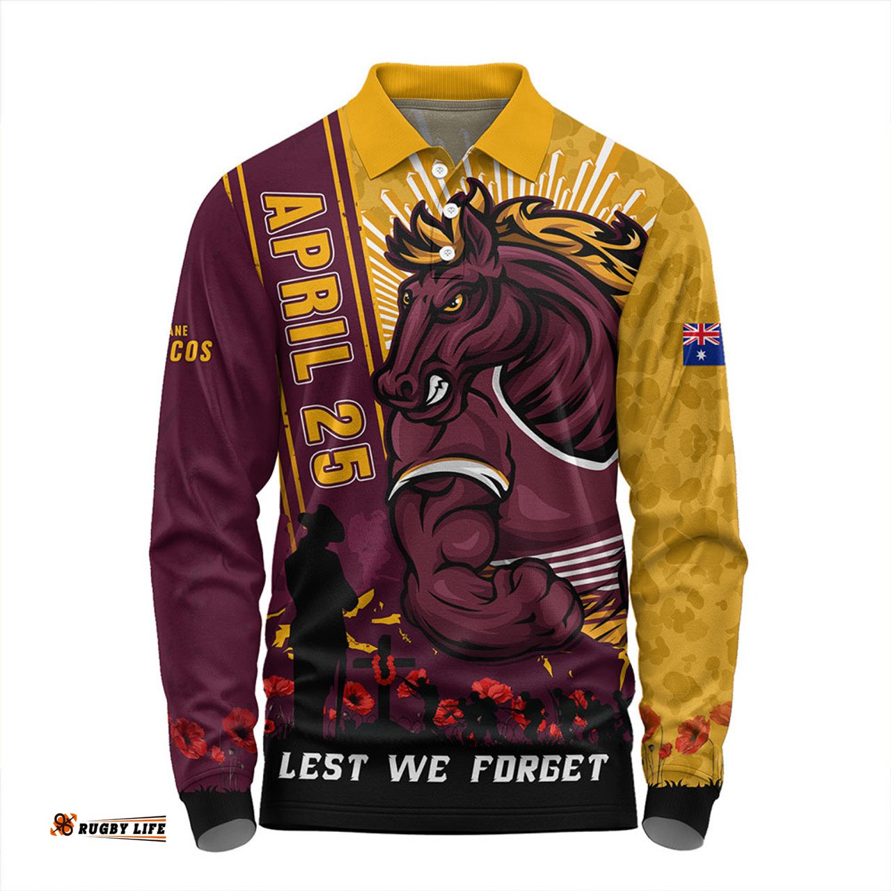 Amazing Aussie Brisbane Broncos Anzac Day Lest We Forget Strong Fighting Spirit Long Sleeve Polo Shirt