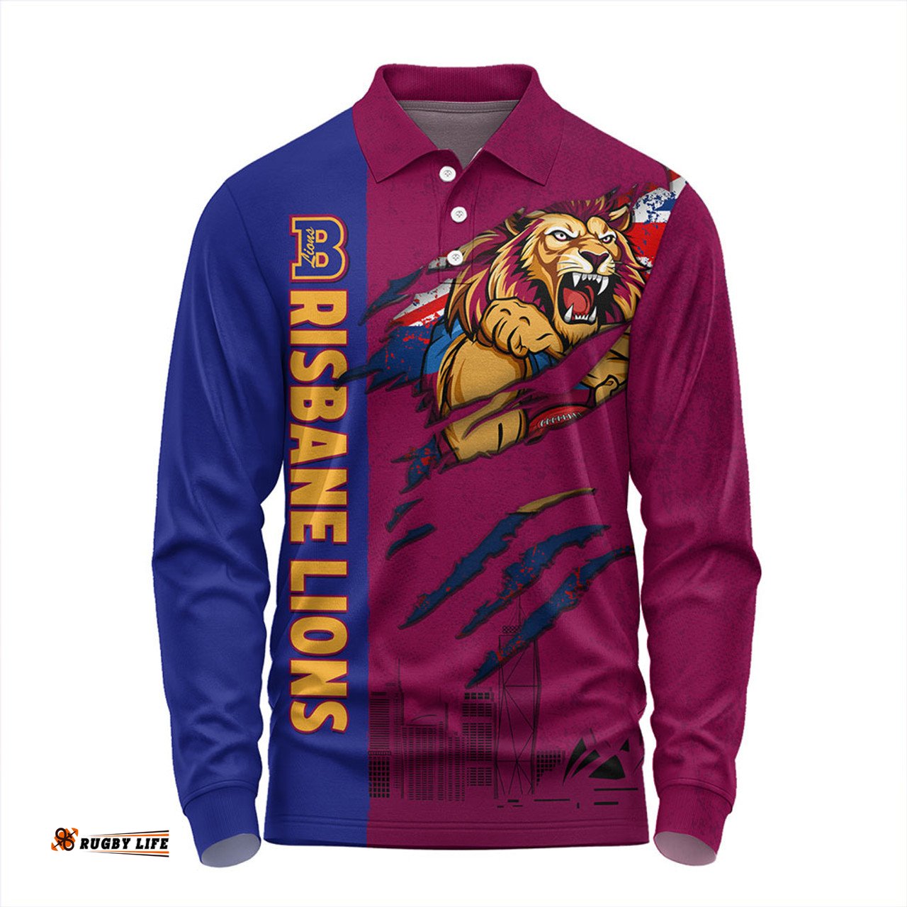Amazing Aussie Brisbane Lions Burning Passion Of Power Scratch Style Long Sleeve Polo Shirt