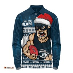 Amazing Aussie Carlton Merry Christmas Down Under Footy Power Style Long Sleeve Polo Shirt