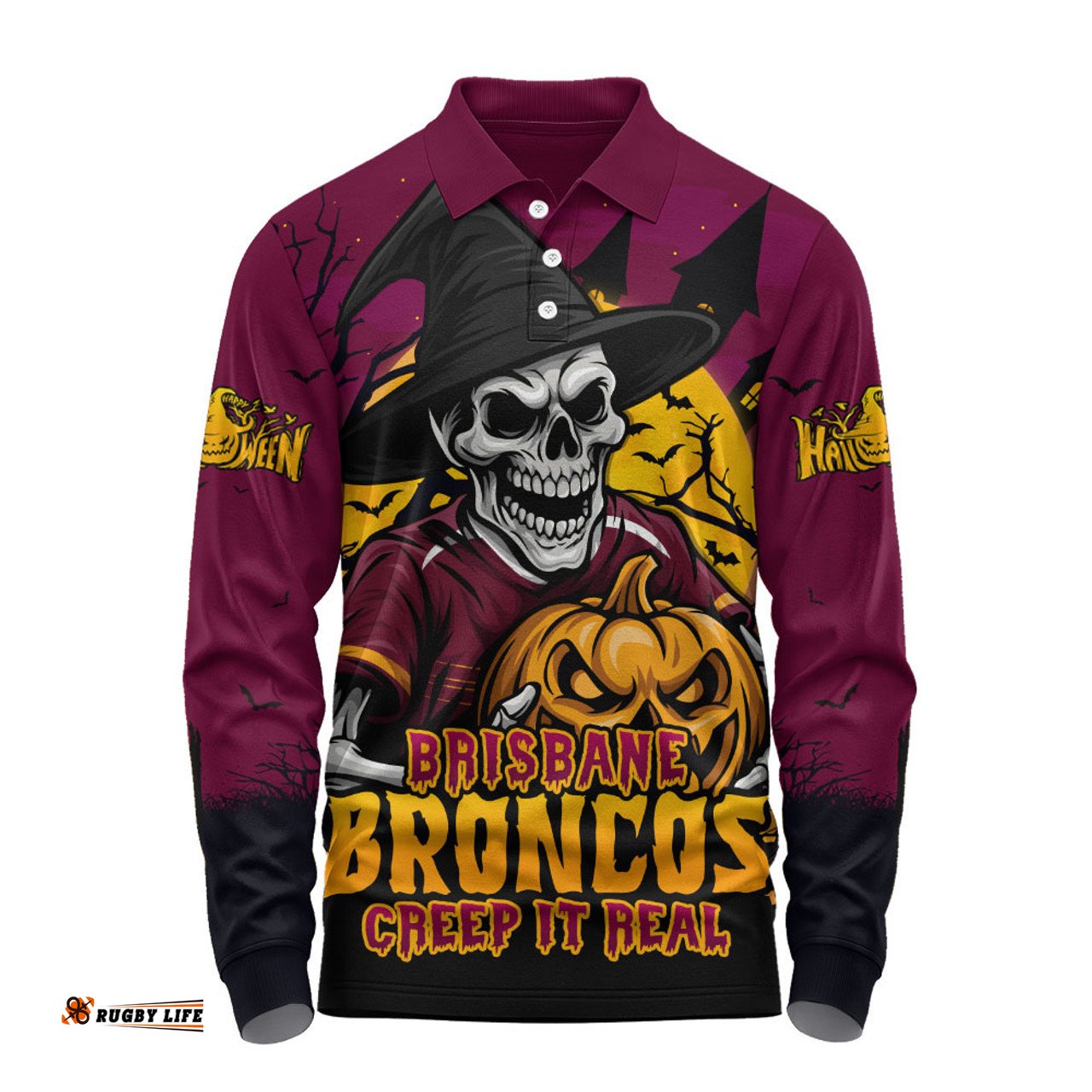 Amazing Aussie Brisbane Broncos Dark Moon Rugby Halloween Battle Edition Long Sleeve Polo Shirt
