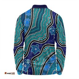 Amazing Aussie Australia Personalised Aboriginal Custom River And Turtles Dot Art Painting Blue Long Sleeve Polo Shirt