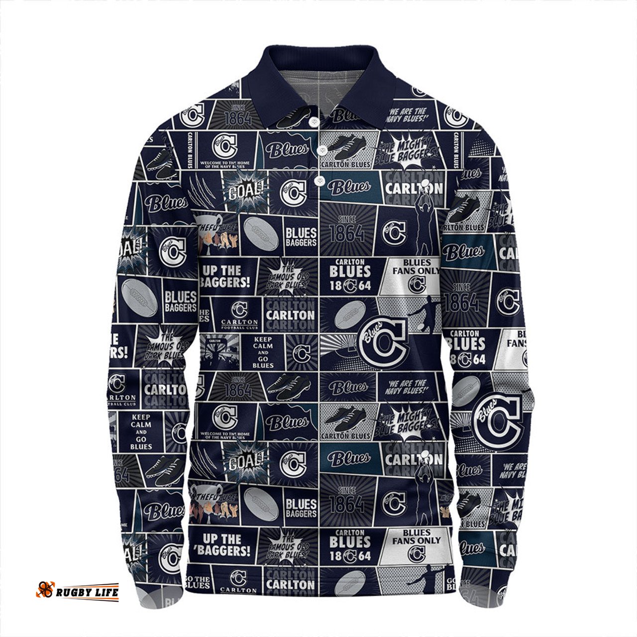 Amazing Aussie Carlton Legacy Of The Pride Comic Style Long Sleeve Polo Shirt