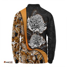 Amazing Aussie Australia Warratah Goanna Aboriginal Waratah Flowers With Orange Lizards, Stones, Sand Dot Art Painting Inspired Long Sleeve Polo Shirt