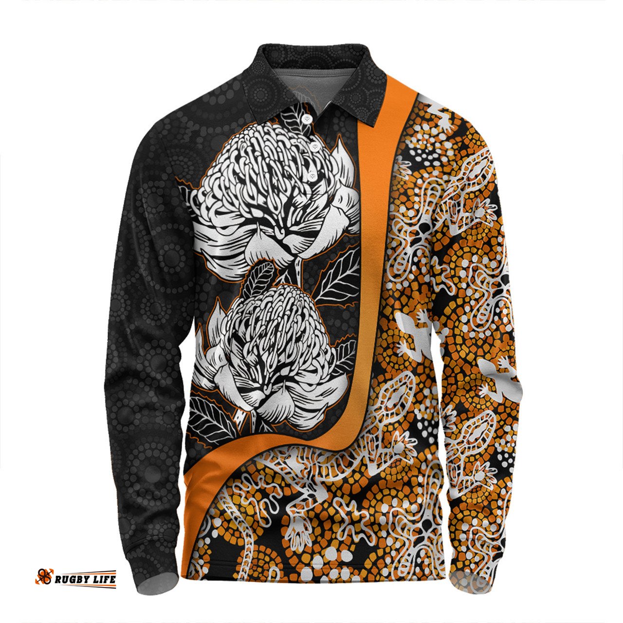 Amazing Aussie Australia Warratah Goanna Aboriginal Waratah Flowers With Orange Lizards, Stones, Sand Dot Art Painting Inspired Long Sleeve Polo Shirt