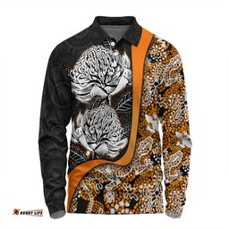 Amazing Aussie Australia Warratah Goanna Aboriginal Waratah Flowers With Orange Lizards, Stones, Sand Dot Art Painting Inspired Long Sleeve Polo Shirt