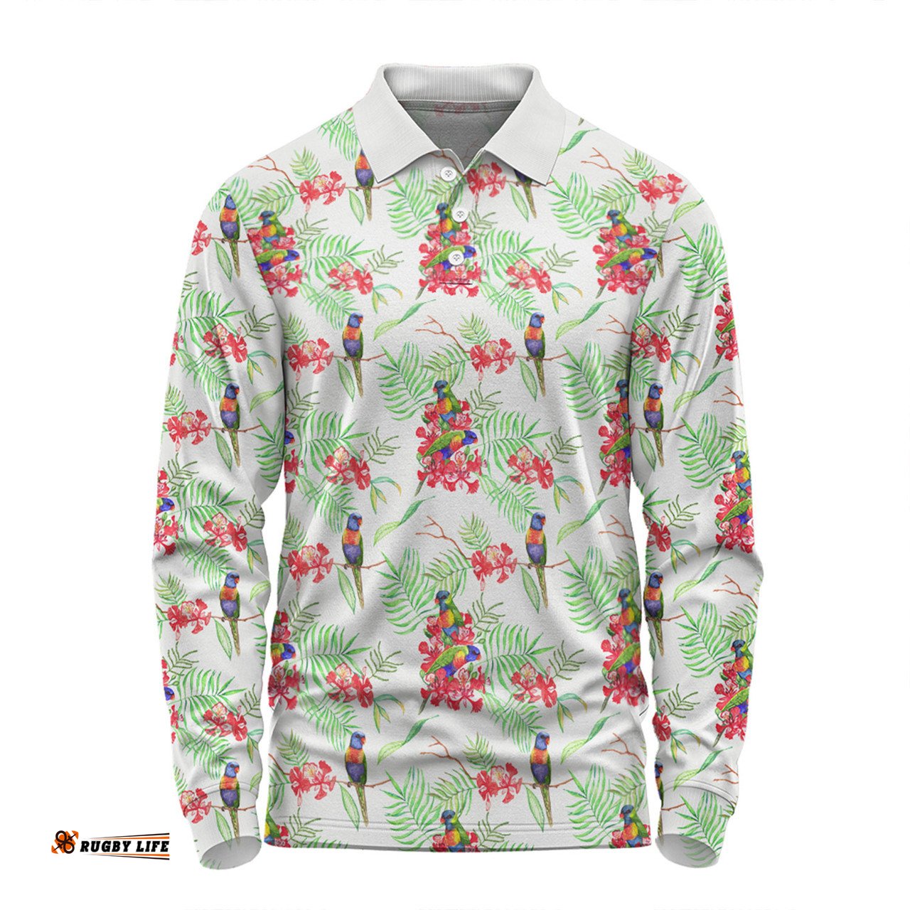 Amazing Aussie Australia Rainbow Lorikeets Rainbow Lorikeets Colorful Tropical Exotic Flowers Long Sleeve Polo Shirt