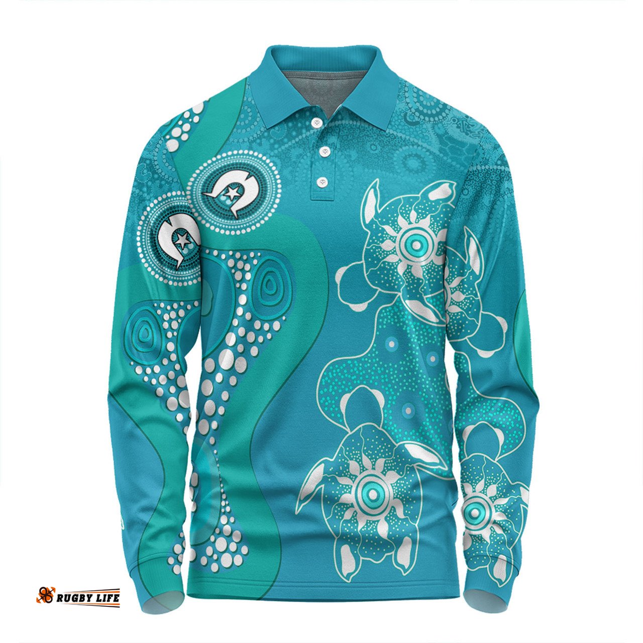 Amazing Aussie Australia Turtles Aboriginal Indigenous Dot Turtles In The Ocean (Turquoise) Long Sleeve Polo Shirt