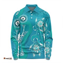 Amazing Aussie Australia Turtles Aboriginal Indigenous Dot Turtles In The Ocean (Turquoise) Long Sleeve Polo Shirt
