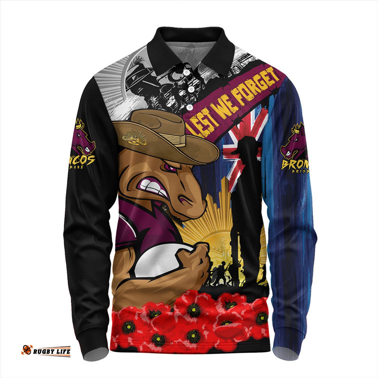 Amazing Aussie Brisbane Broncos United In Spirit Anzac Day Tribute Long Sleeve Polo Shirt