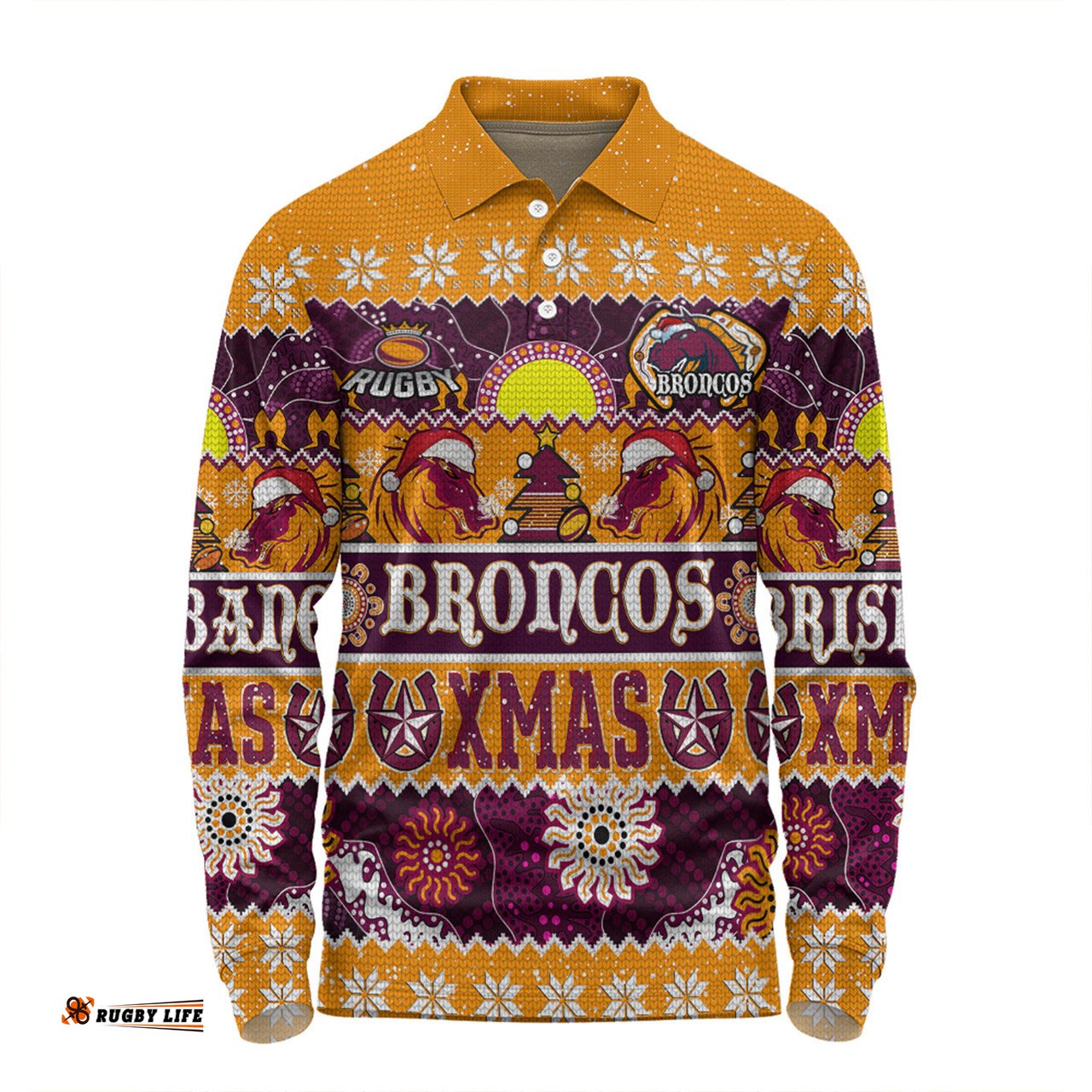 Amazing Aussie Brisbane Broncos Christmas Aboriginal Custom Indigenous Knitted Ugly Xmas Style Long Sleeve Polo Shirt