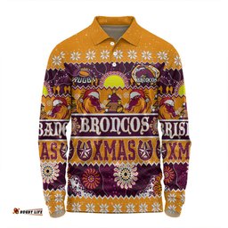Amazing Aussie Brisbane Broncos Christmas Aboriginal Custom Indigenous Knitted Ugly Xmas Style Long Sleeve Polo Shirt