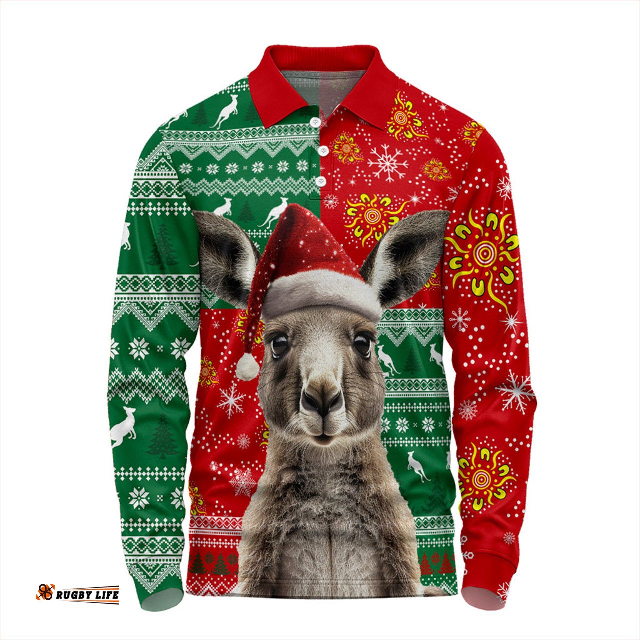Amazing Aussie Australia Aboriginal Dot With Kangaroo Santa Hat Designs Long Sleeve Polo Shirt