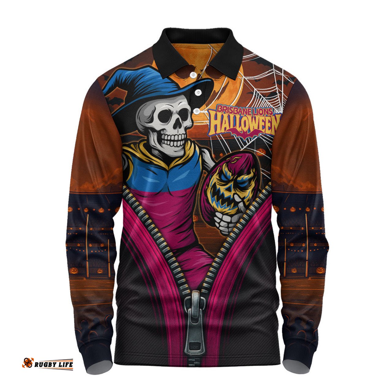 Amazing Aussie Brisbane Lions Halloween Night Reaper Zipper Long Sleeve Polo Shirt