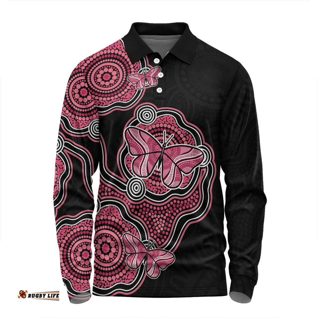 Amazing Aussie Australia Aboriginal Butterfly Dot Art Inspired Long Sleeve Polo Shirt