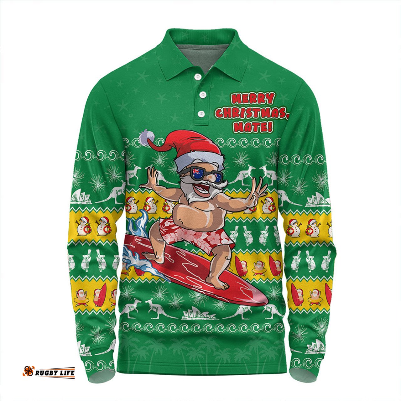 Amazing Aussie Australia Merry Christmas Mate Surf's Up Santa Green Long Sleeve Polo Shirt