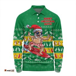 Amazing Aussie Australia Merry Christmas Mate Surf's Up Santa Green Long Sleeve Polo Shirt
