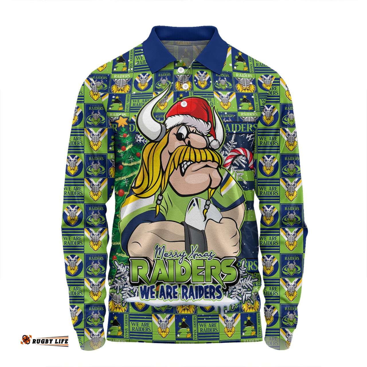 Amazing Aussie Canberra Raiders Merry Ugly Christmas Comic Style Long Sleeve Polo Shirt