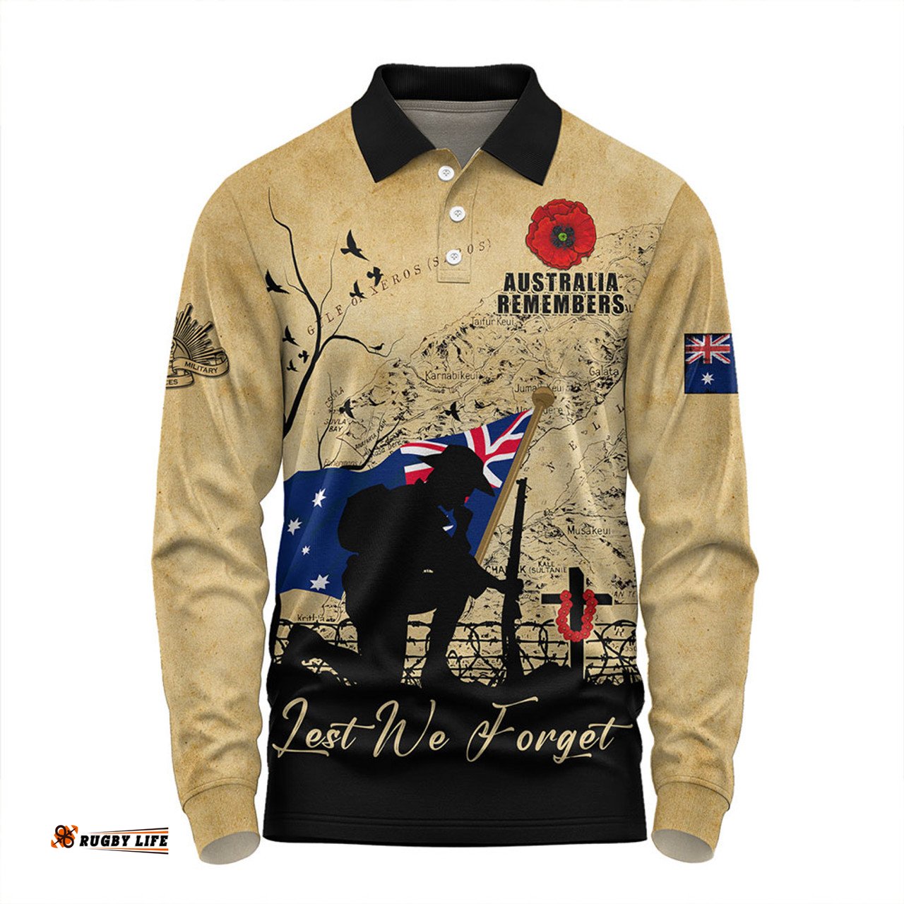 Amazing Aussie Australia Anzac Day Brothers In Arms Gallipoli Remembrance Long Sleeve Polo Shirt