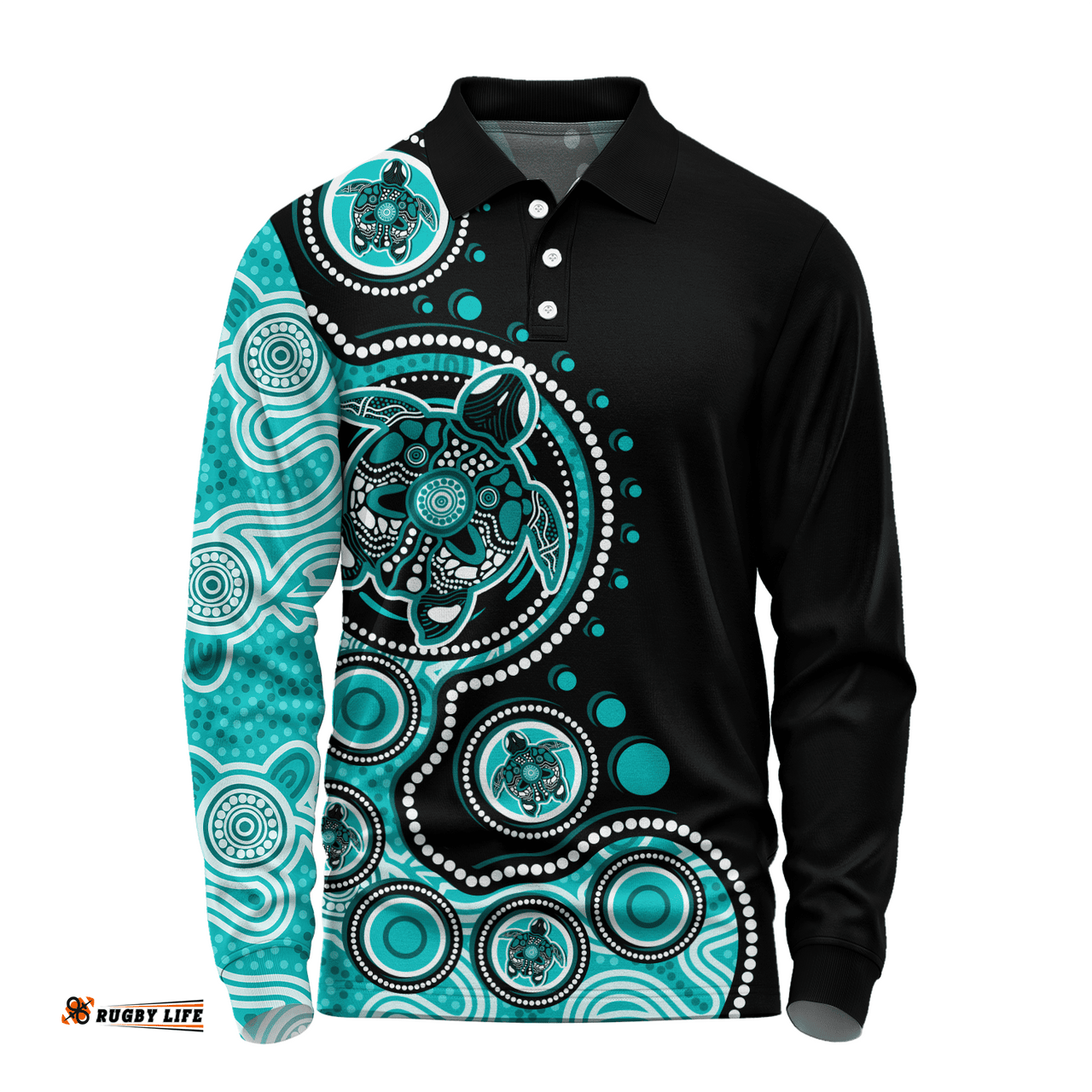 Amazing Aussie Australia Indigenous Turtle Aboriginal Dot Art Turquoise Long Sleeve Polo Shirt