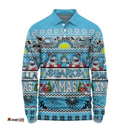 Amazing Aussie Cronulla Sutherland Sharks Christmas Aboriginal Custom Indigenous Knitted Ugly Xmas Style Long Sleeve Polo Shirt