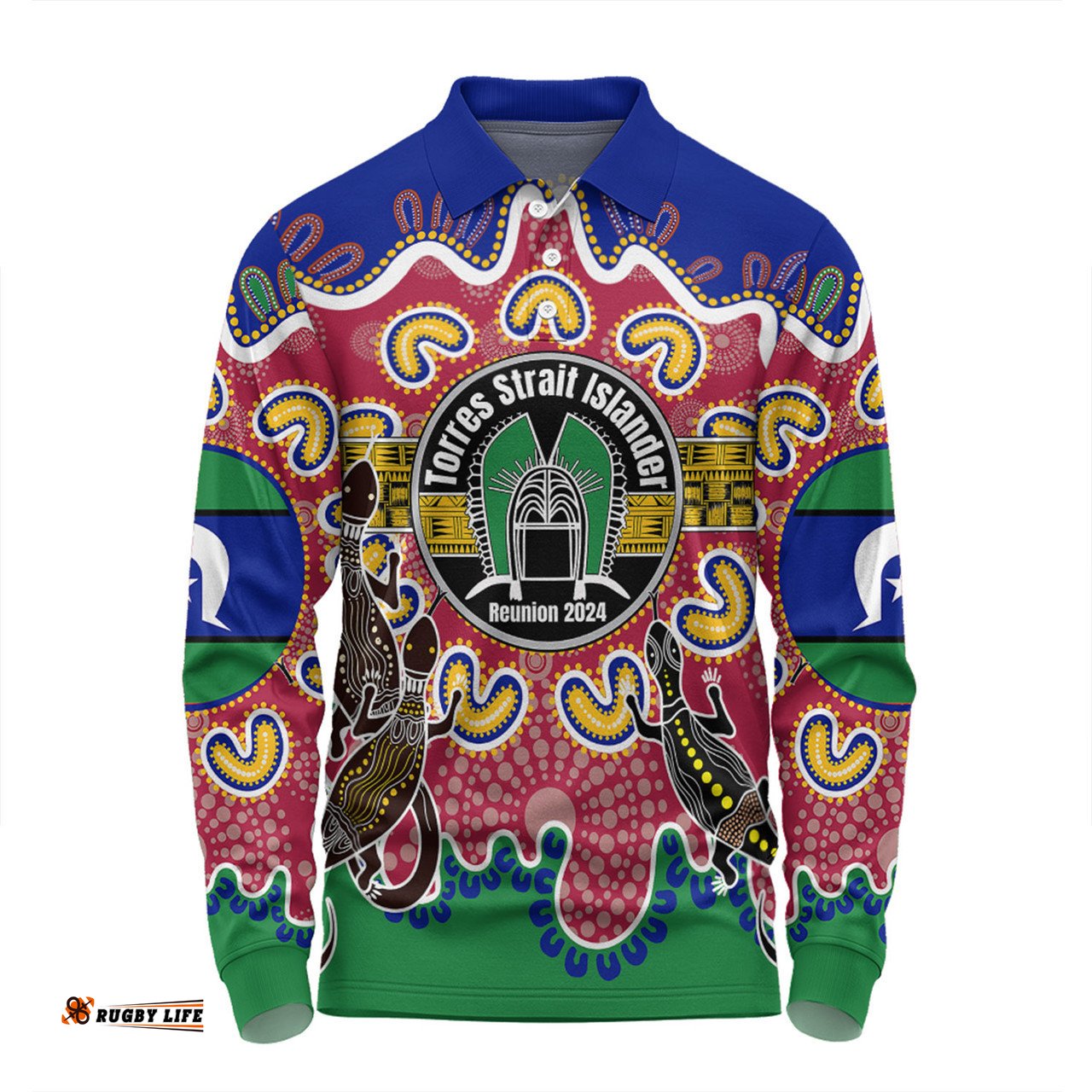 Amazing Aussie Australia Torres Strait Islands Custom Torres Strait Islanders Dhari With Goannas And Dot Art Reunion Long Sleeve Polo Shirt