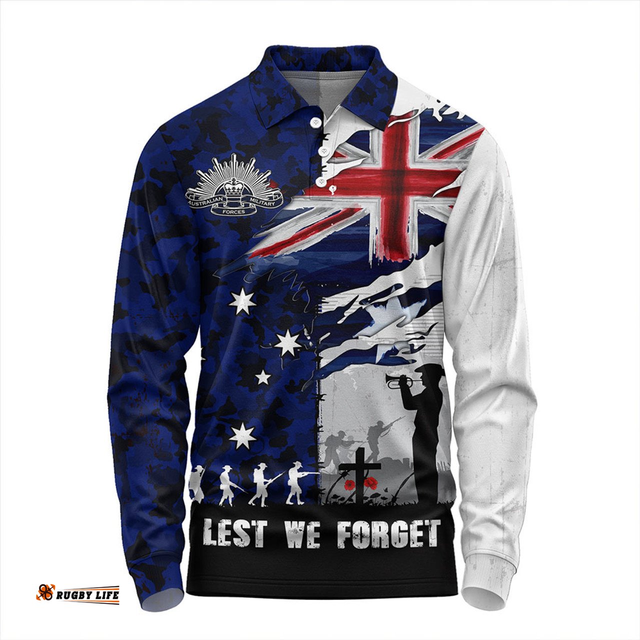 Amazing Aussie Australia Remembrance Day Lest We Forget Australian Military Tribute Blue Long Sleeve Polo Shirt
