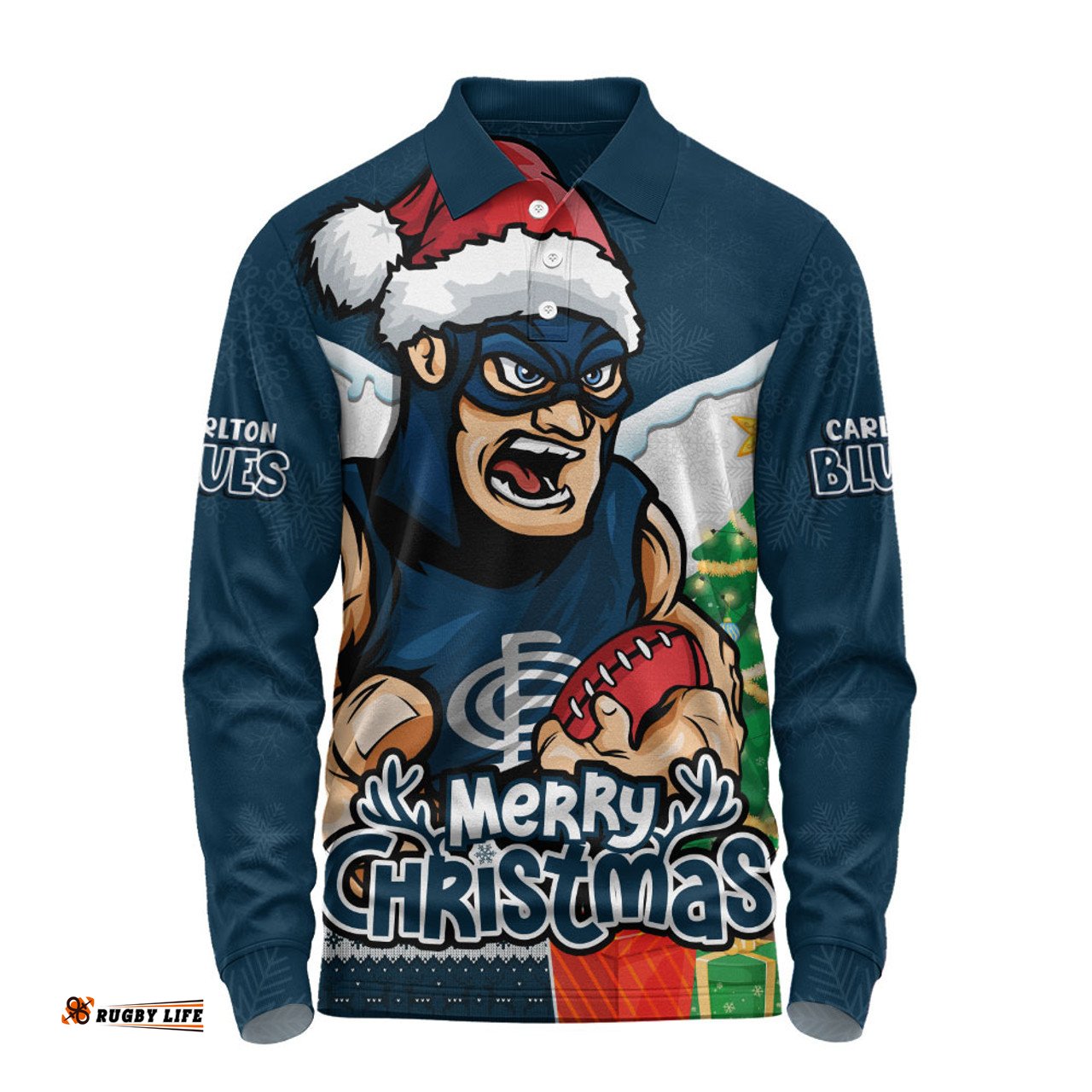 Amazing Aussie Carlton Santa Scoring Touchdown On Christmas Game Day Long Sleeve Polo Shirt
