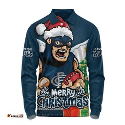 Amazing Aussie Carlton Santa Scoring Touchdown On Christmas Game Day Long Sleeve Polo Shirt