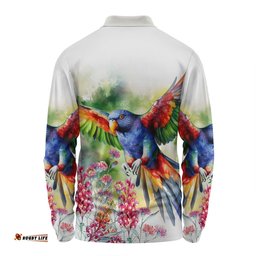 Amazing Aussie Australia Rainbow Lorikeets Rainbow Lorikeets Flying With Grevillea Flowers Art Long Sleeve Polo Shirt