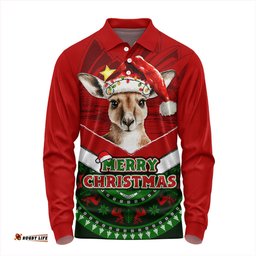 Amazing Aussie Australia Holiday Kangaroo Merry Christmas Long Sleeve Polo Shirt