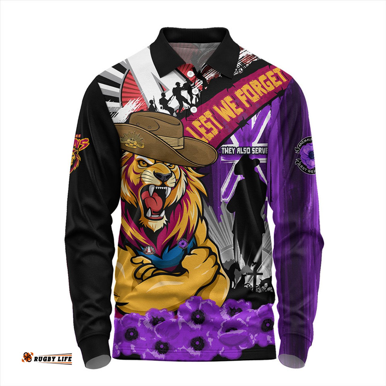 Amazing Aussie Brisbane Lions ANZAC Day Honor Purple Valor And Spirit Long Sleeve Polo Shirt