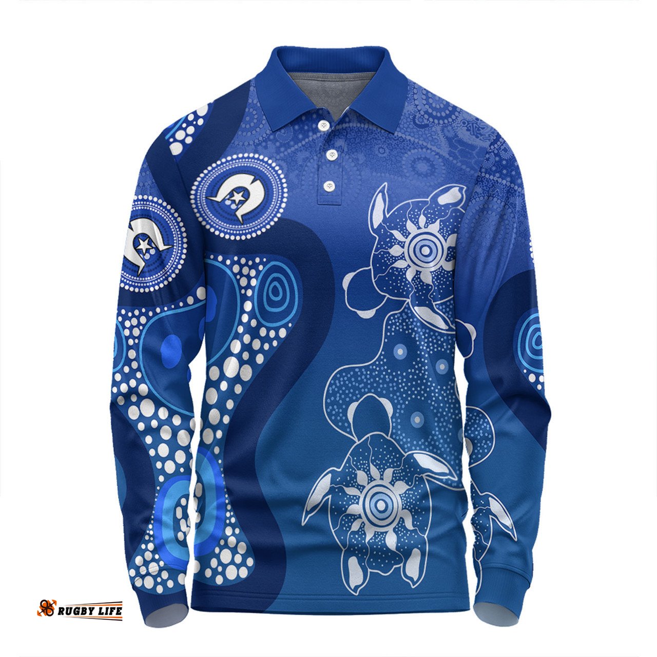 Amazing Aussie Australia Turtles Aboriginal Indigenous Dot Turtles In The Ocean (Blue) Long Sleeve Polo Shirt