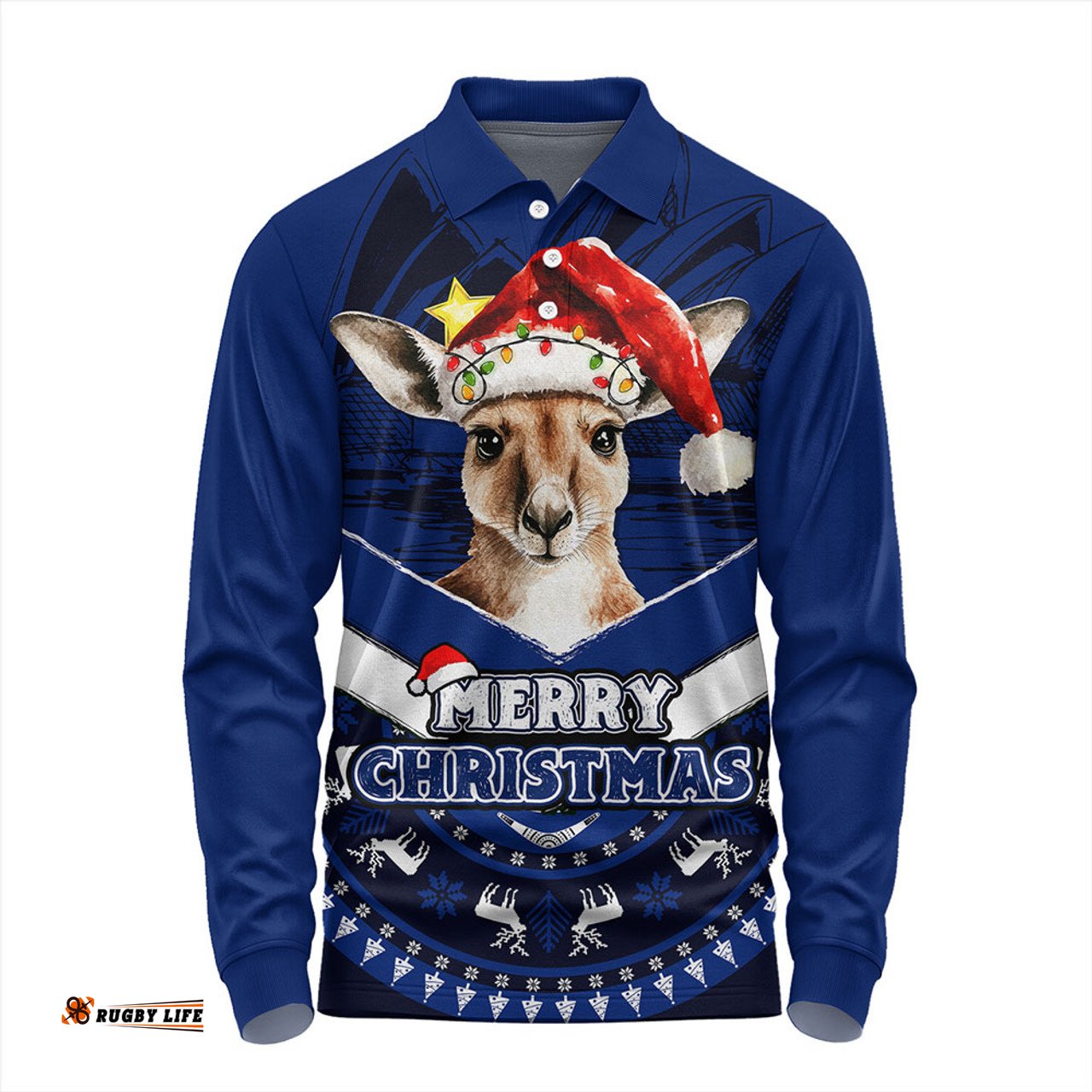 Amazing Aussie Australia Holiday Kangaroo Merry Christmas Blue Long Sleeve Polo Shirt