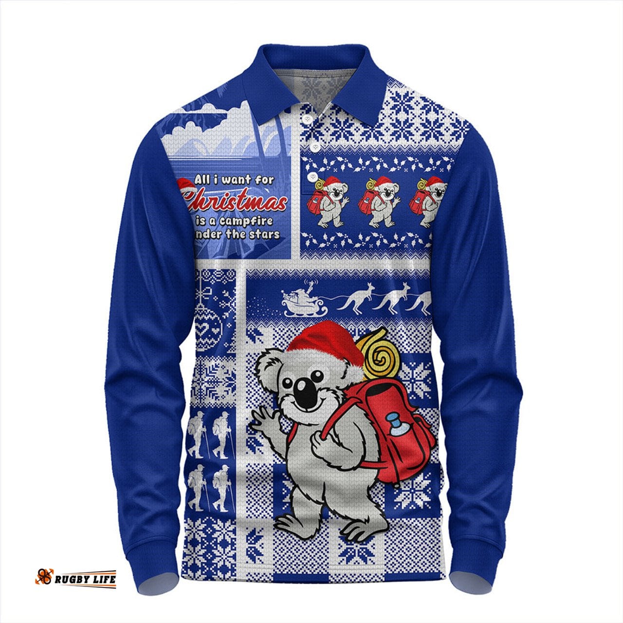 Amazing Aussie Australia Koala Wonderland Christmas Blue Long Sleeve Polo Shirt