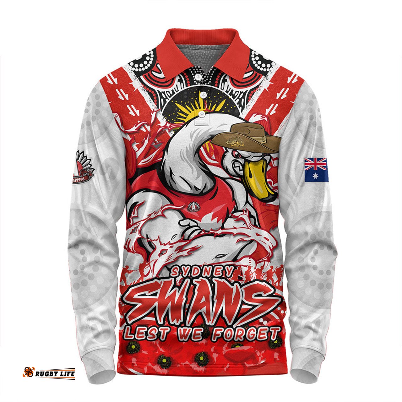 Amazing Aussie Sydney Swans Ripped Legacy Of The Game The ANZAC Spirit Lives On Long Sleeve Polo Shirt