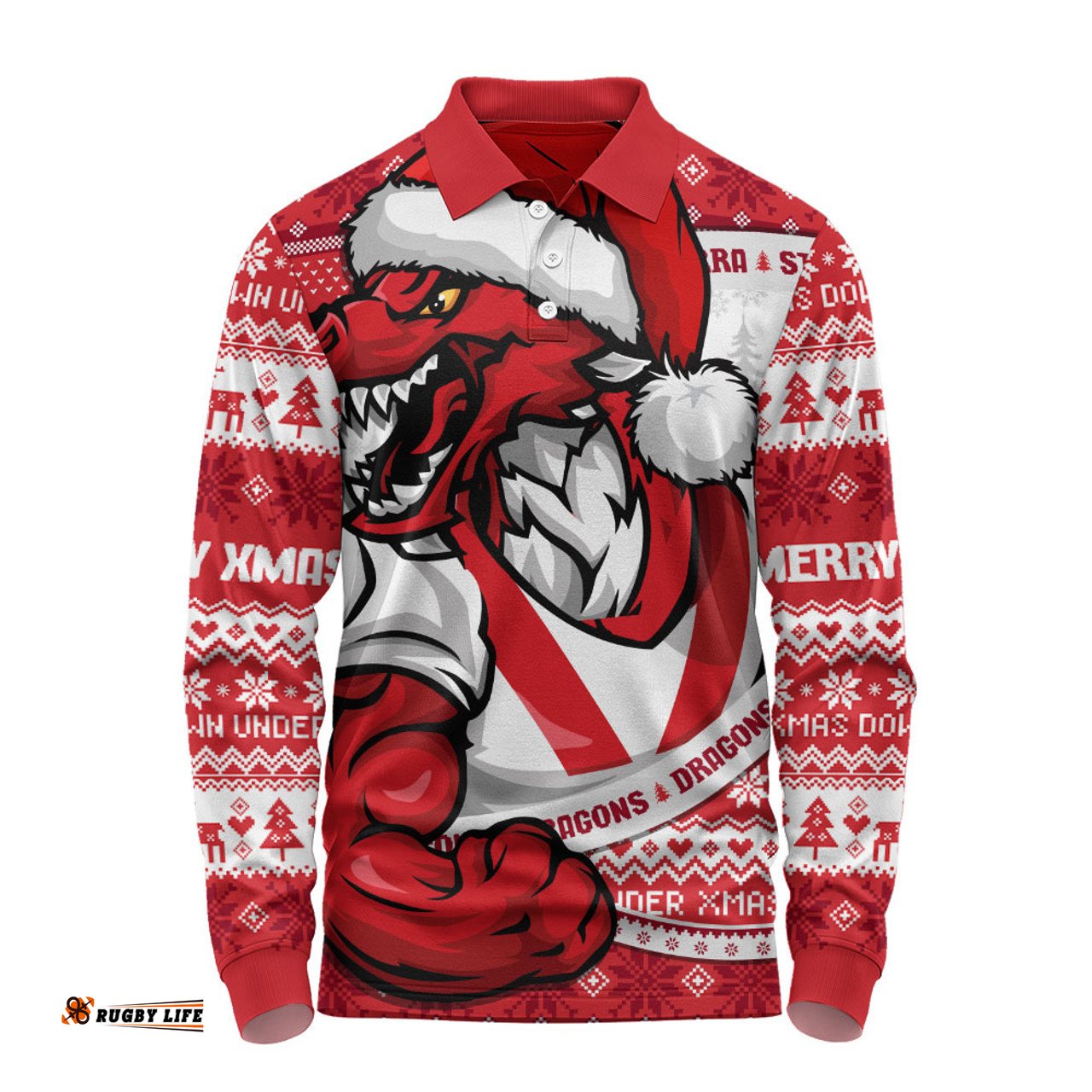 Amazing Aussie St. George Illawarra Dragons Ugly Knit Style For Christmas Game Fans Long Sleeve Polo Shirt