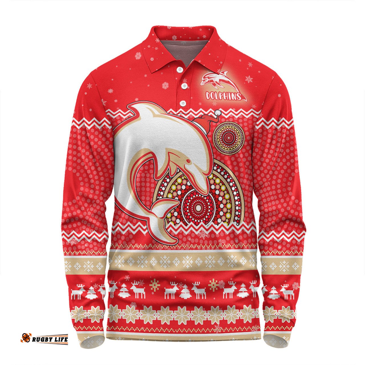 Amazing Aussie Redcliffe Dolphins Christmas Custom Ugly Xmas And Aboriginal Patterns For Die Hard Fan Long Sleeve Polo Shirt