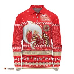 Amazing Aussie Redcliffe Dolphins Christmas Custom Ugly Xmas And Aboriginal Patterns For Die Hard Fan Long Sleeve Polo Shirt