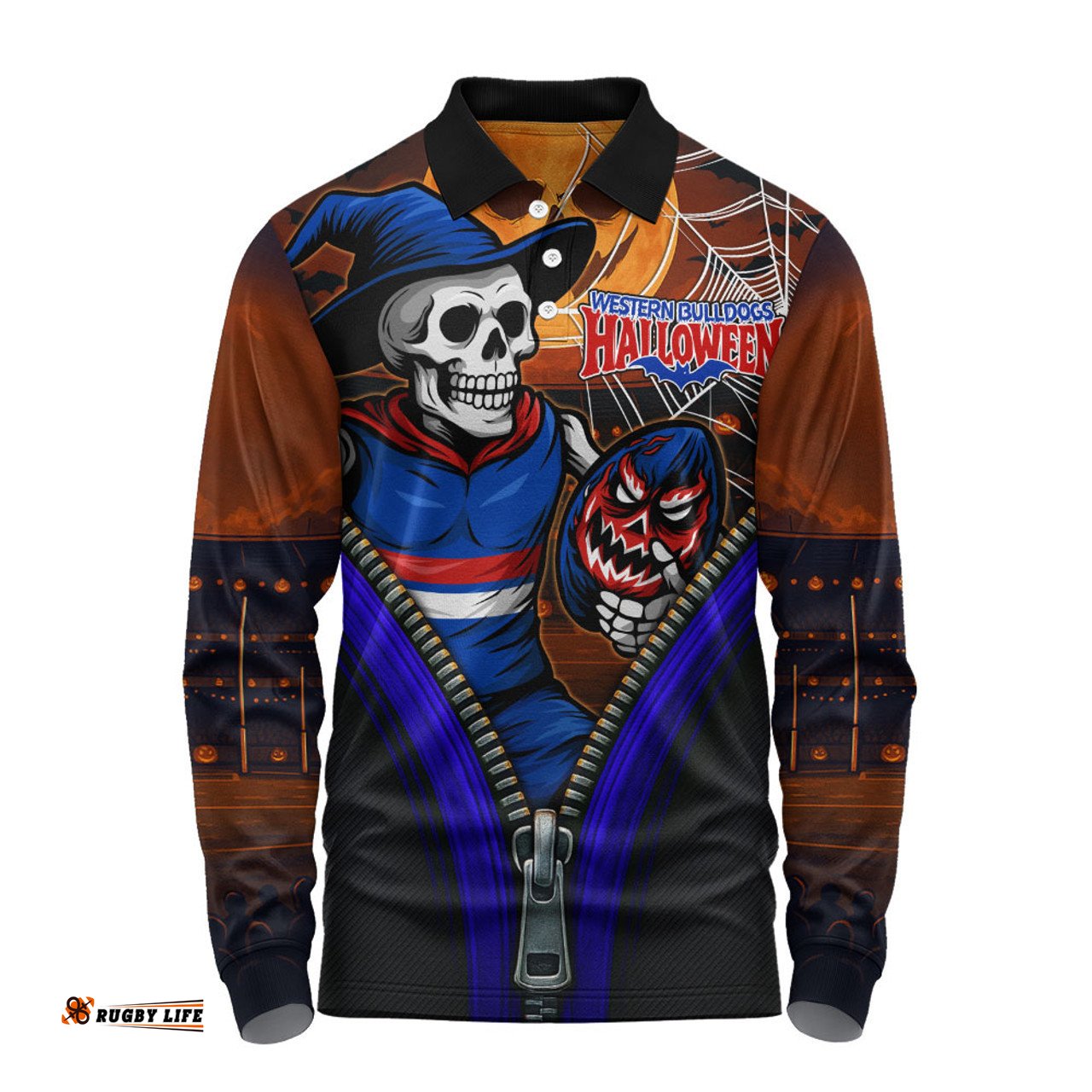 Amazing Aussie Western Bulldogs Halloween Night Reaper Zipper Long Sleeve Polo Shirt