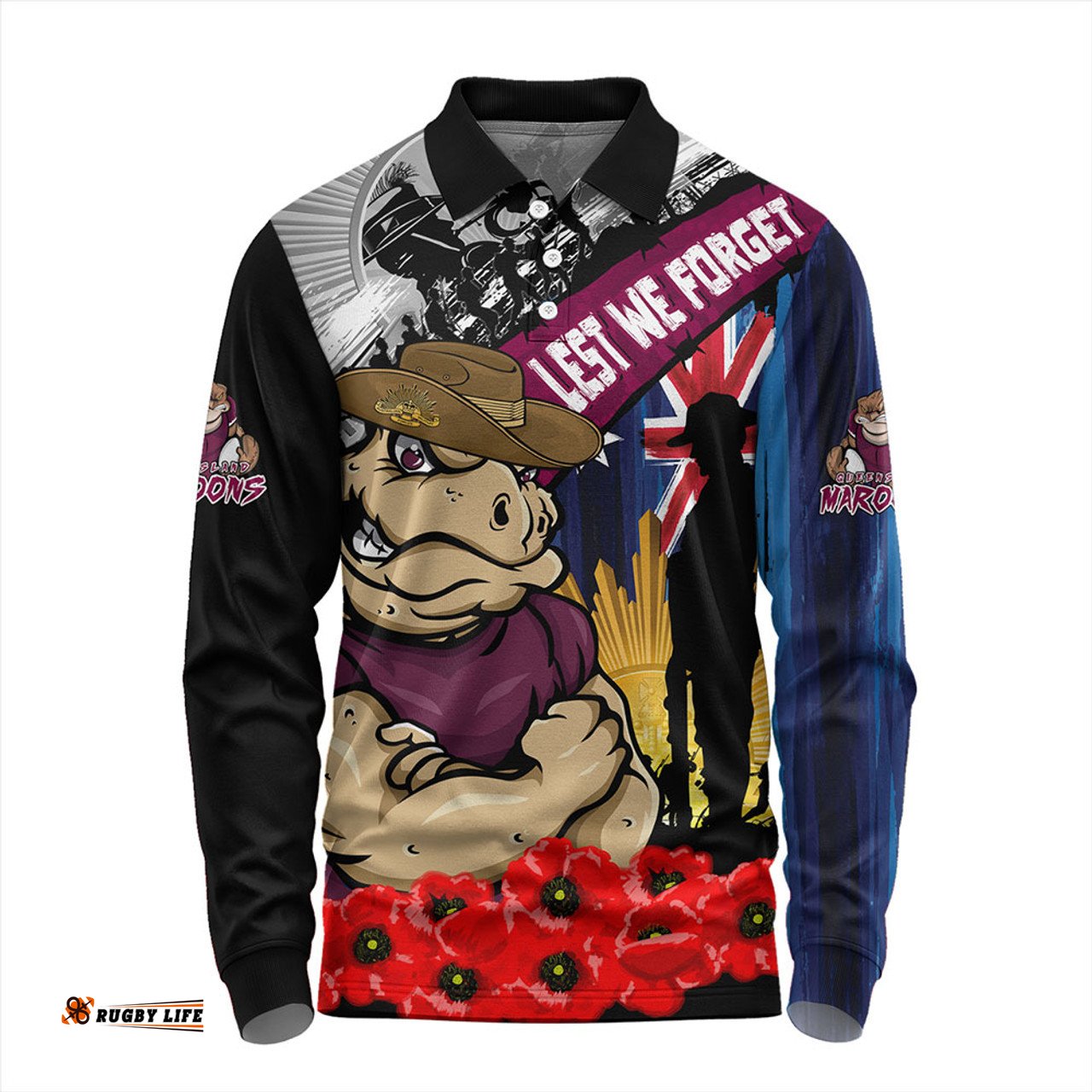 Amazing Aussie Queensland Maroons United In Spirit Anzac Day Tribute Long Sleeve Polo Shirt
