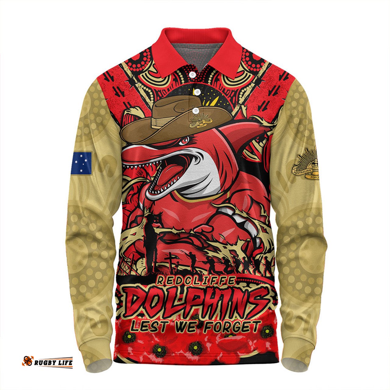 Amazing Aussie Redcliffe Dolphins Ripped Legacy Of The Game The ANZAC Spirit Lives On Long Sleeve Polo Shirt