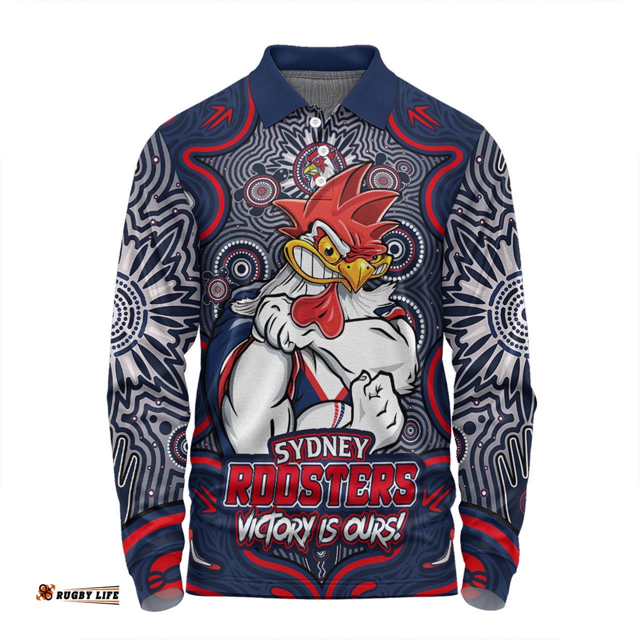 Amazing Aussie Sydney Roosters Aboriginal Pattern Inspired Victory Is Ours Long Sleeve Polo Shirt