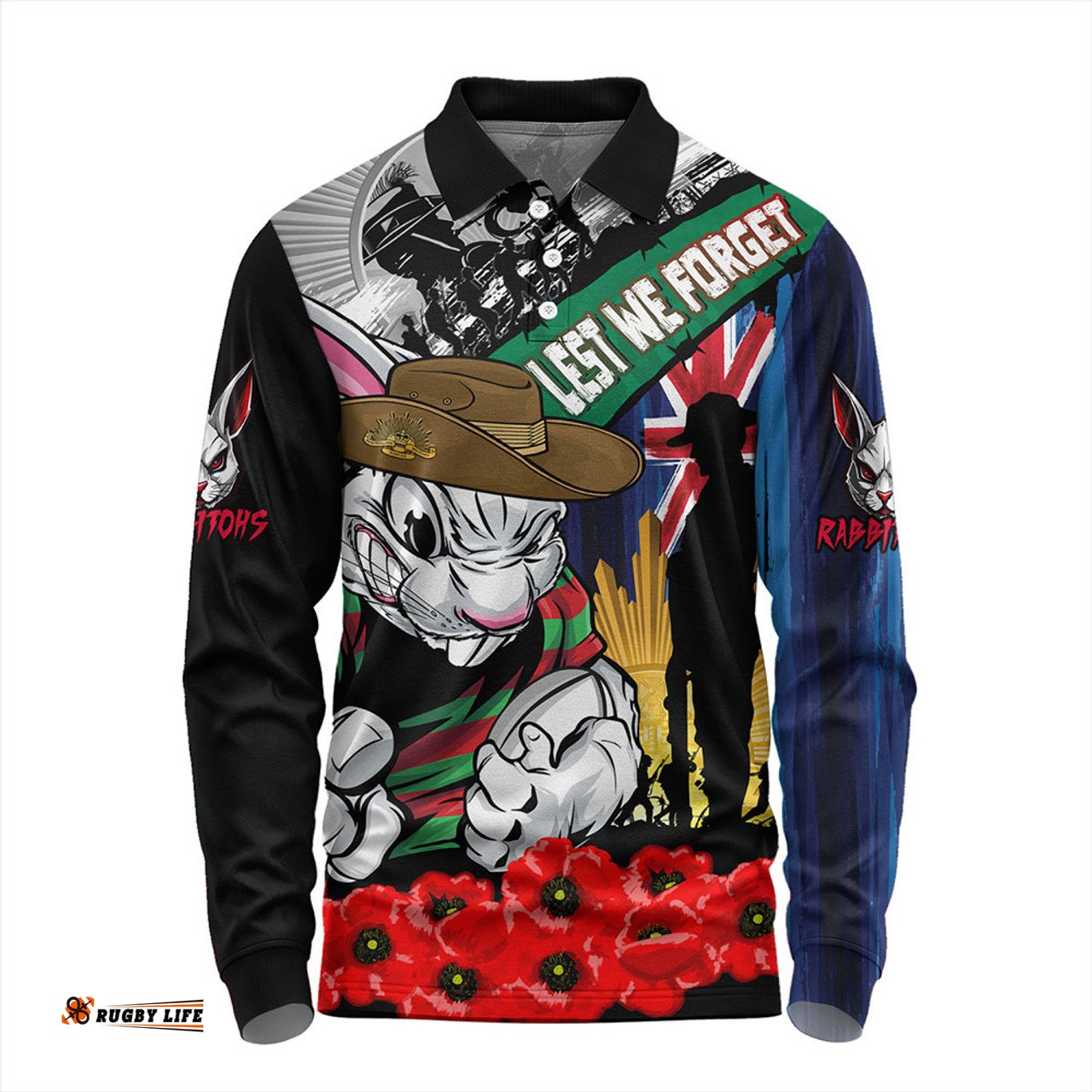 Amazing Aussie South Sydney Rabbitohs United In Spirit Anzac Day Tribute Long Sleeve Polo Shirt