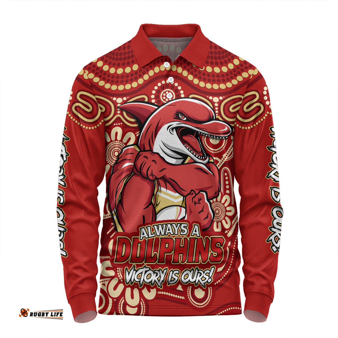 Amazing Aussie Redcliffe Dolphins Aboriginal Inspired Tough Fan Rugby For Life Long Sleeve Polo Shirt