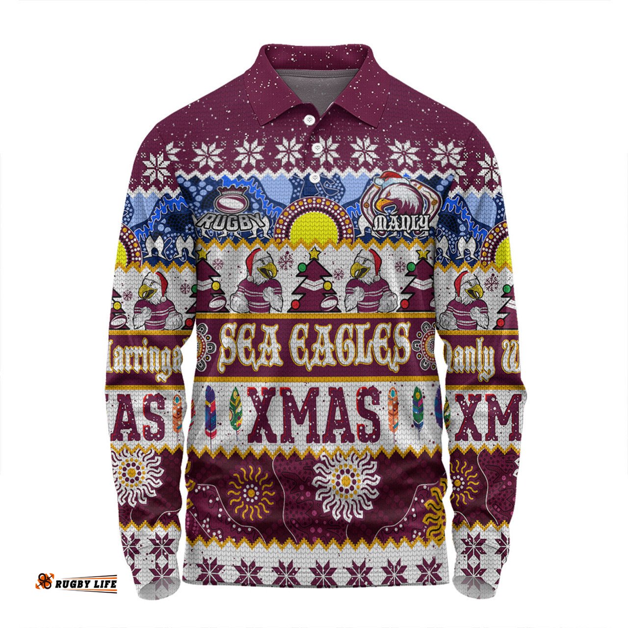 Amazing Aussie Manly Warringah Sea Eagles Christmas Aboriginal Custom Indigenous Knitted Ugly Xmas Style Long Sleeve Polo Shirt