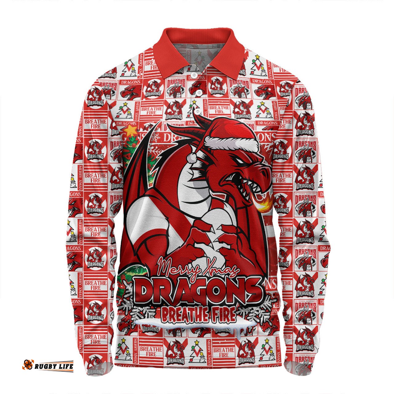 Amazing Aussie St. George Illawarra Dragons Merry Ugly Christmas Comic Style Long Sleeve Polo Shirt