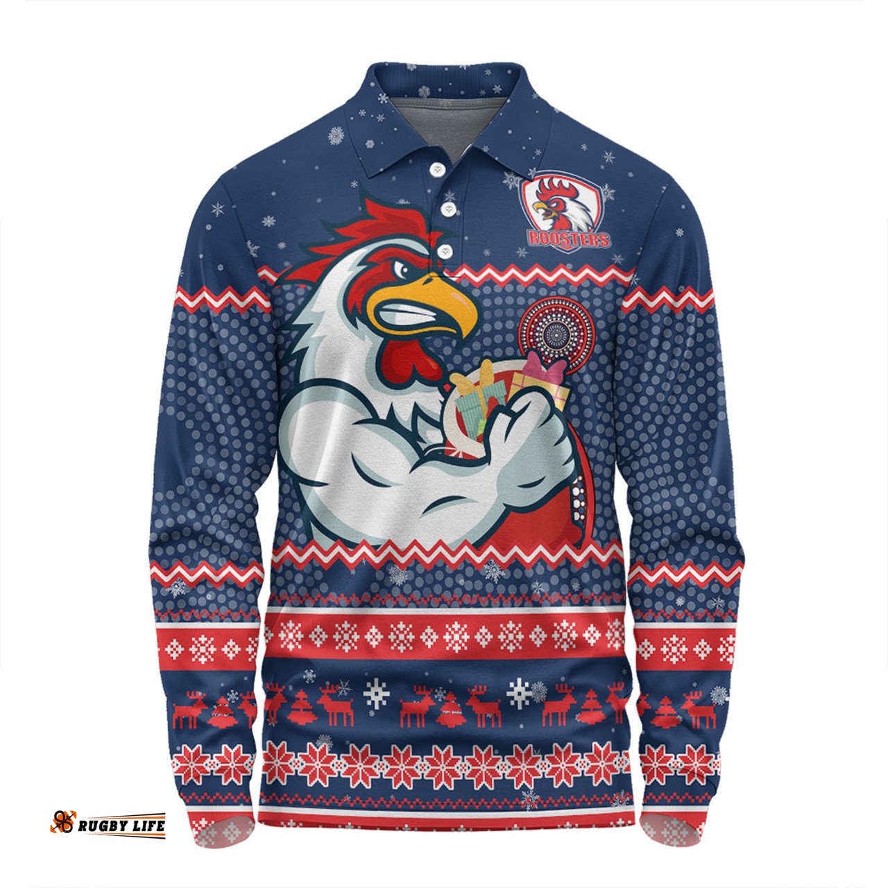 Amazing Aussie Sydney Roosters Christmas Custom Ugly Xmas And Aboriginal Patterns For Die Hard Fan Long Sleeve Polo Shirt
