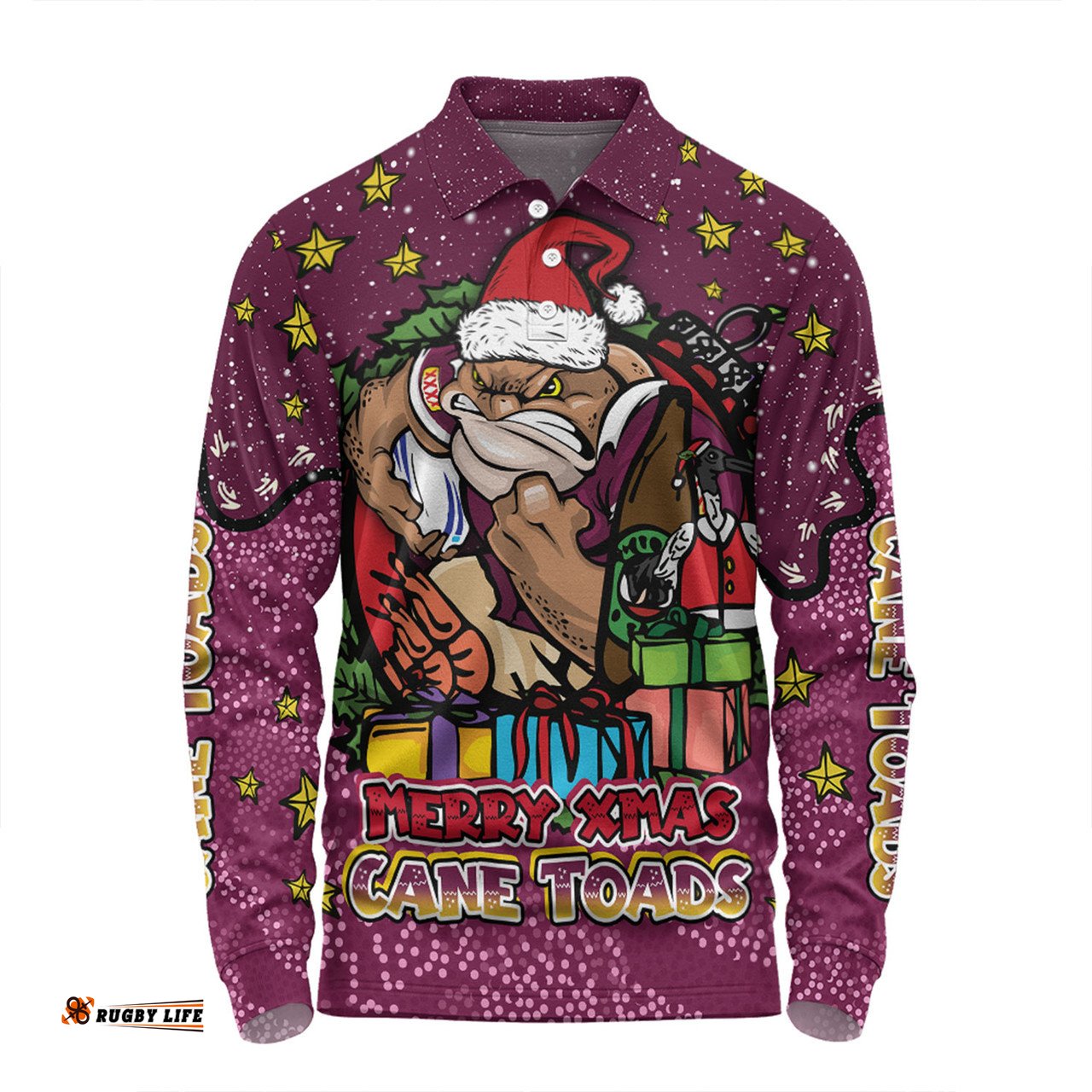 Amazing Aussie Queensland Cane Toads Christmas Custom Merry Christmas Our Beloved Team With Aboriginal Dot Art Pattern Long Sleeve Polo Shirt