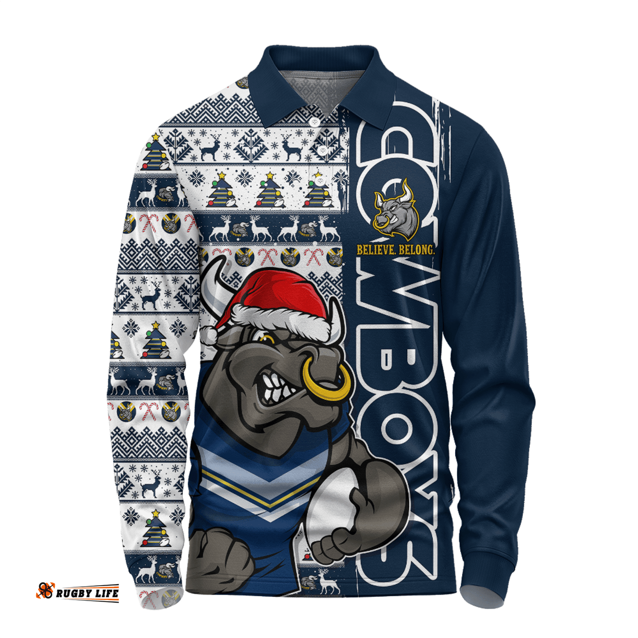 Amazing Aussie North Queensland Cowboys Merry Ugly Xmas Nordic Pattern Style Long Sleeve Polo Shirt