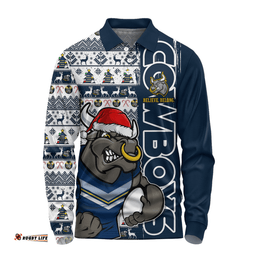 Amazing Aussie North Queensland Cowboys Merry Ugly Xmas Nordic Pattern Style Long Sleeve Polo Shirt